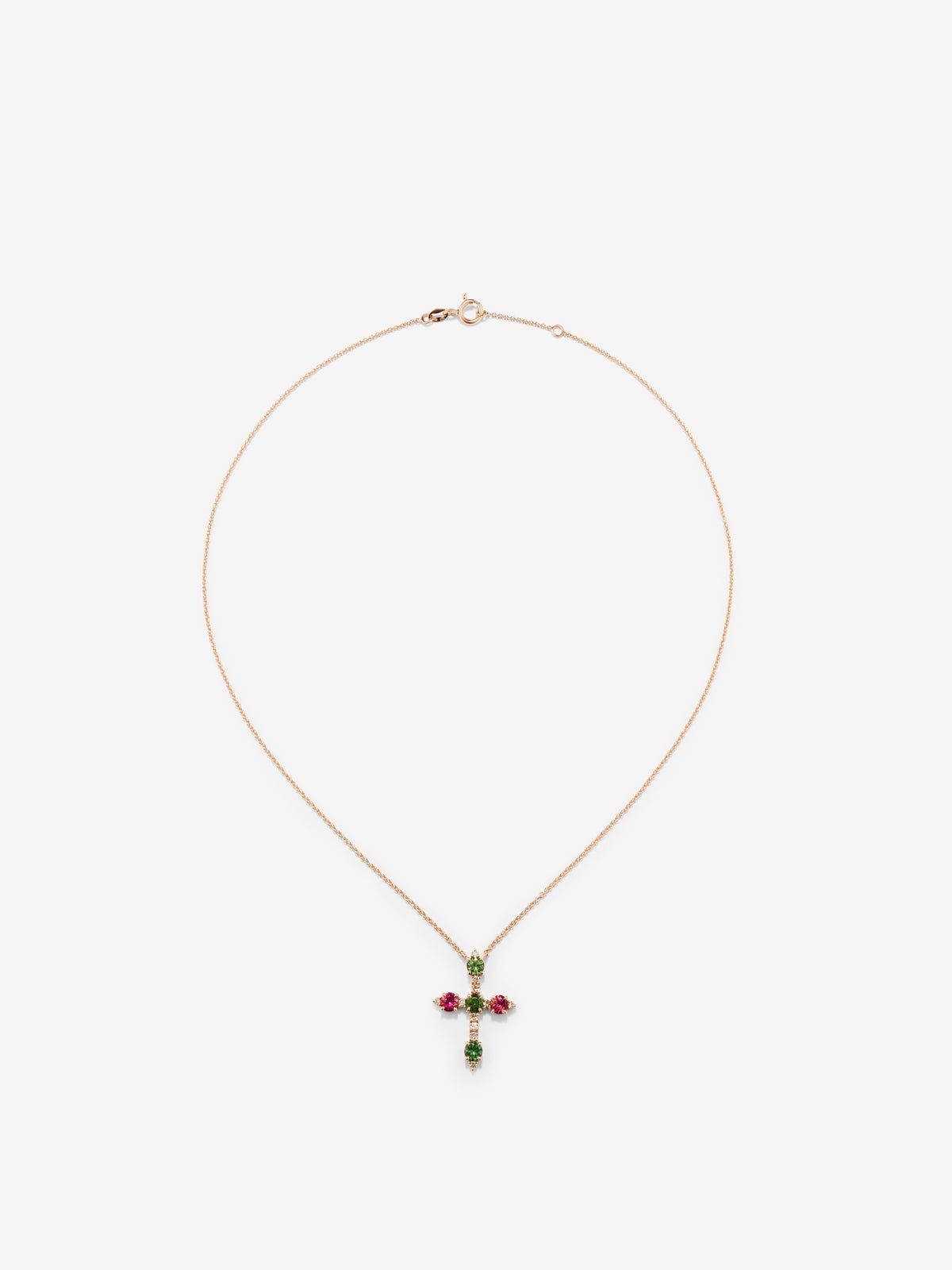 Colgante cadena cruz de oro rosa de 18K con turmalina verde y turmalina rosa
