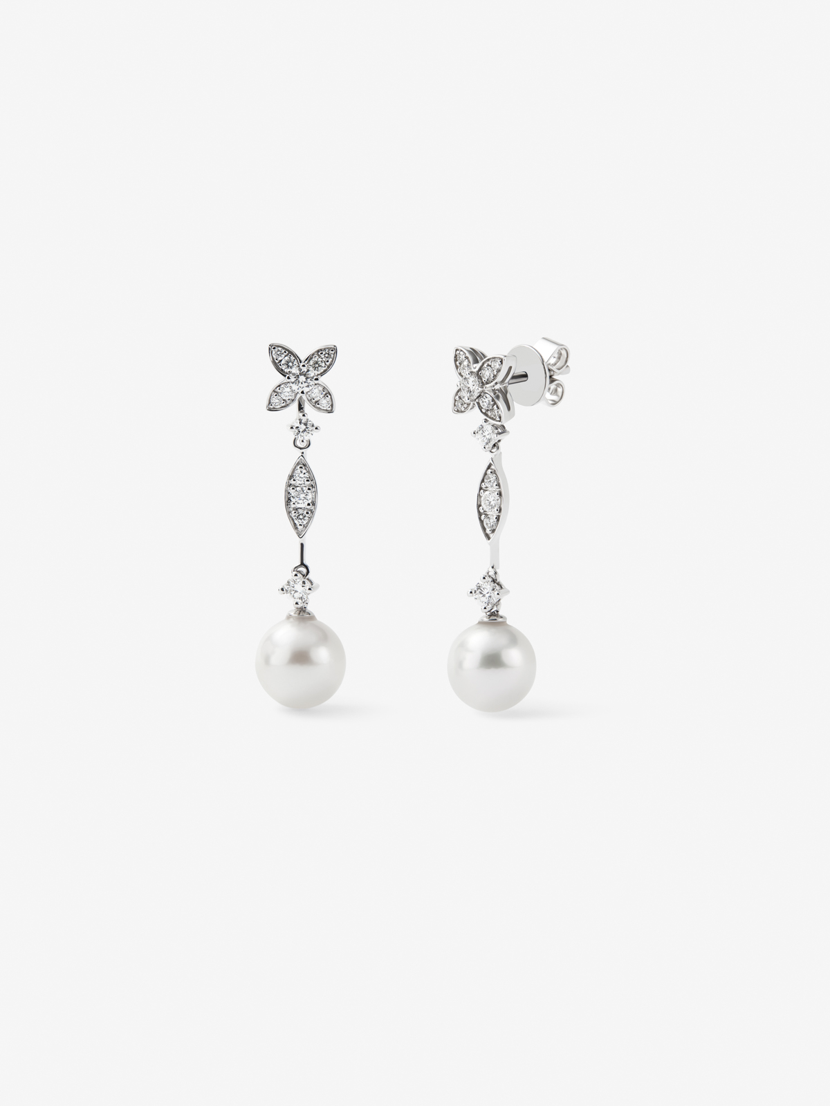 Detachable 18K white gold earrings with 0.99 ct brilliant-cut diamonds and 8.5 mm pearls