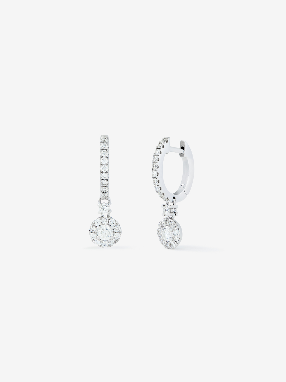 Hoop earrings with solitary pendant encircled by 18K white gold with diamonds