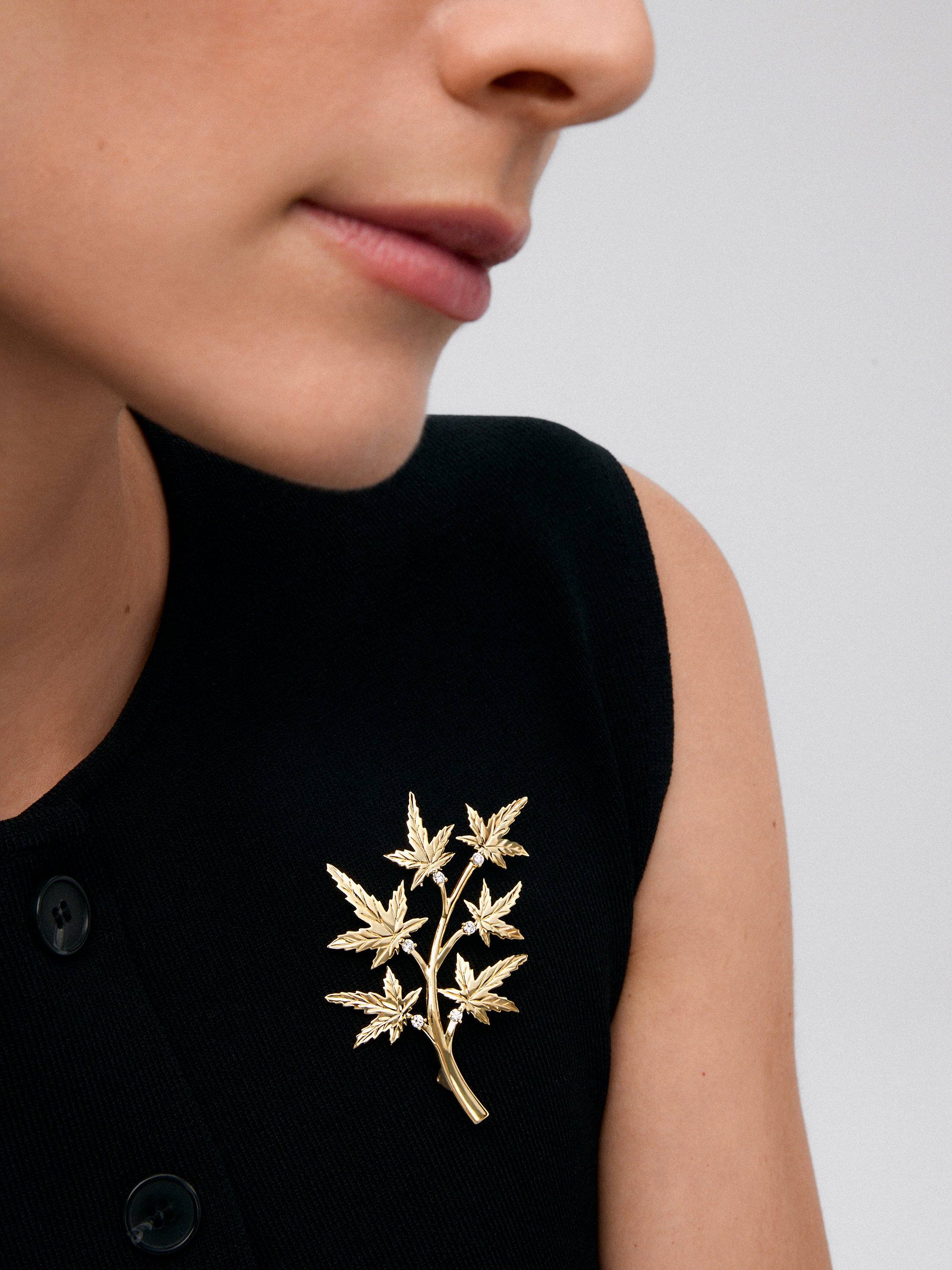 Broche de oro amarillo de 18K con 6 diamantes en talla brillante con un total de 0,36 cts y forma de rama de arce