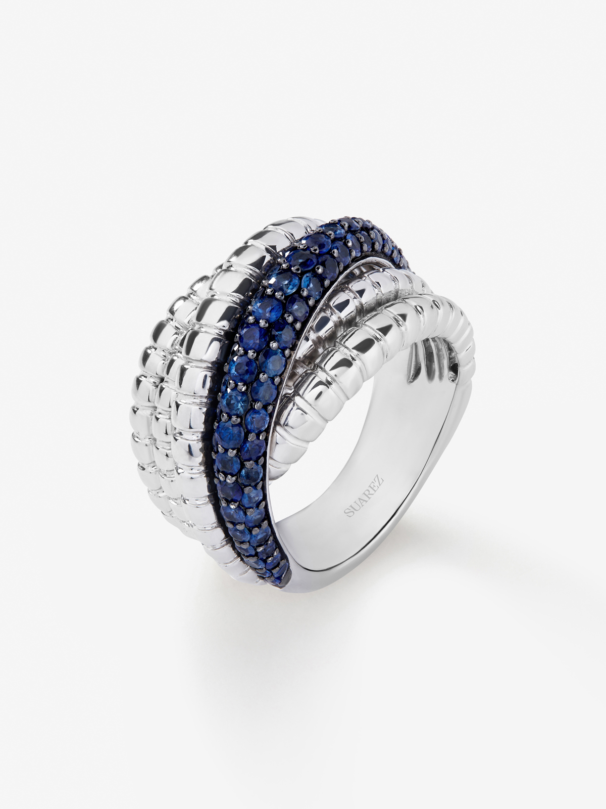 Anillo ancho multibrazo en torsadé de plata 925 con zafiros