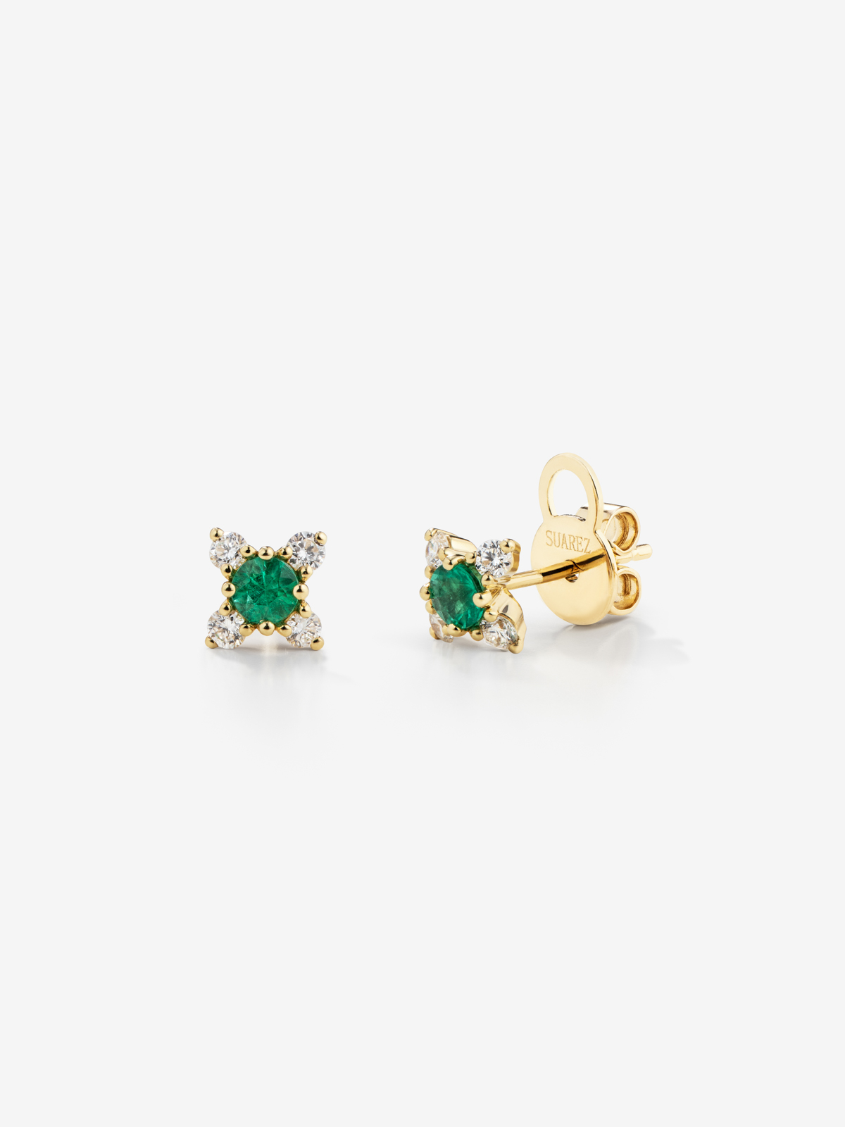 Individual 18K yellow gold flower earring with emerald and diamonds.