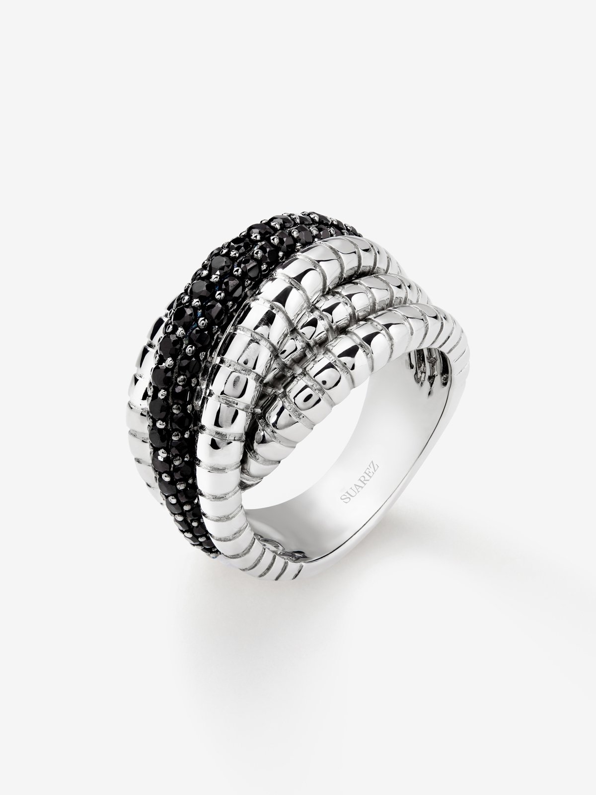Anillo multibrazo de plata 925 con espinelas negras en talla brillante 