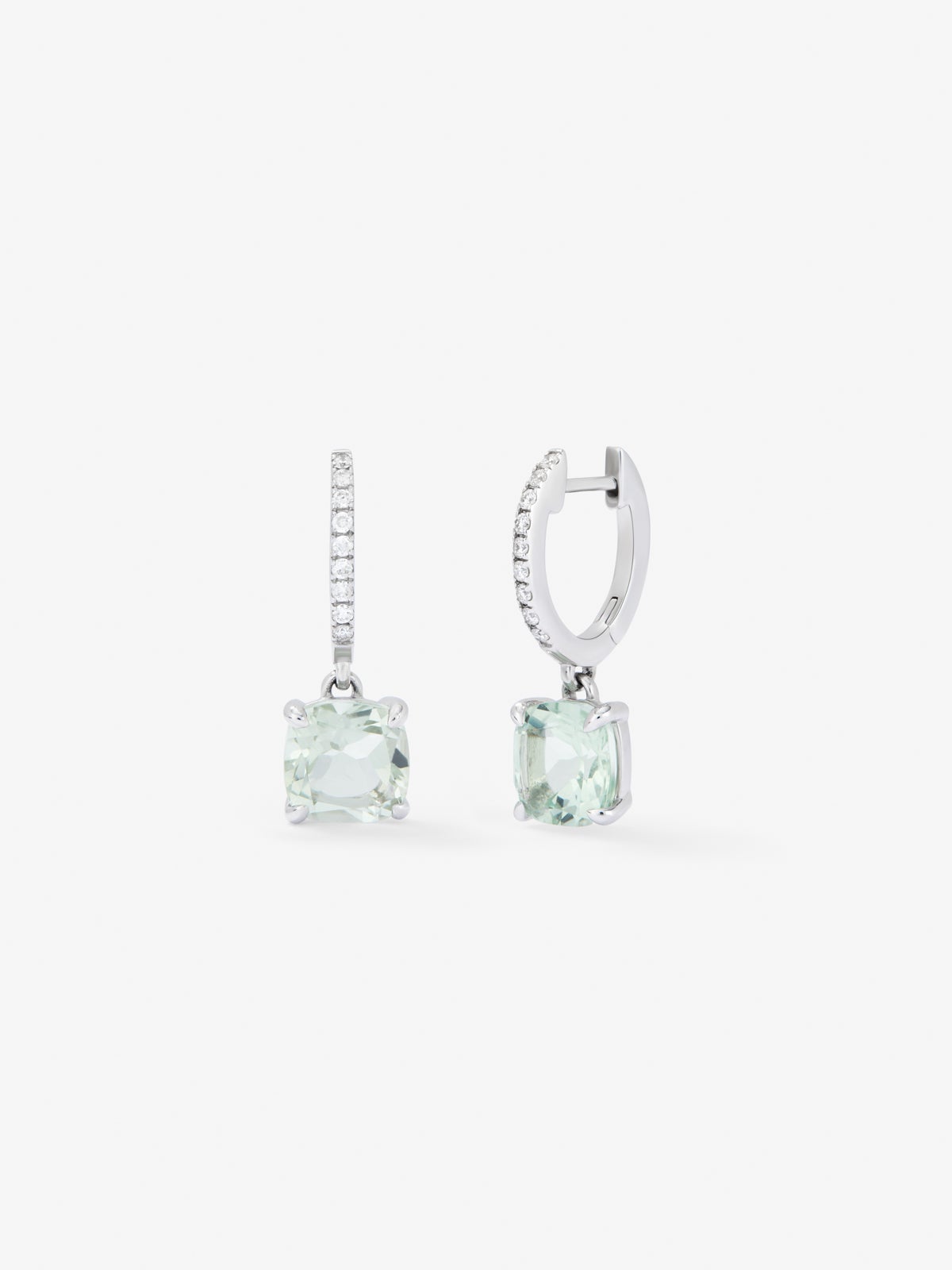 Pendientes de aro con colgante de oro blanco de 18K con amatista verde y diamante