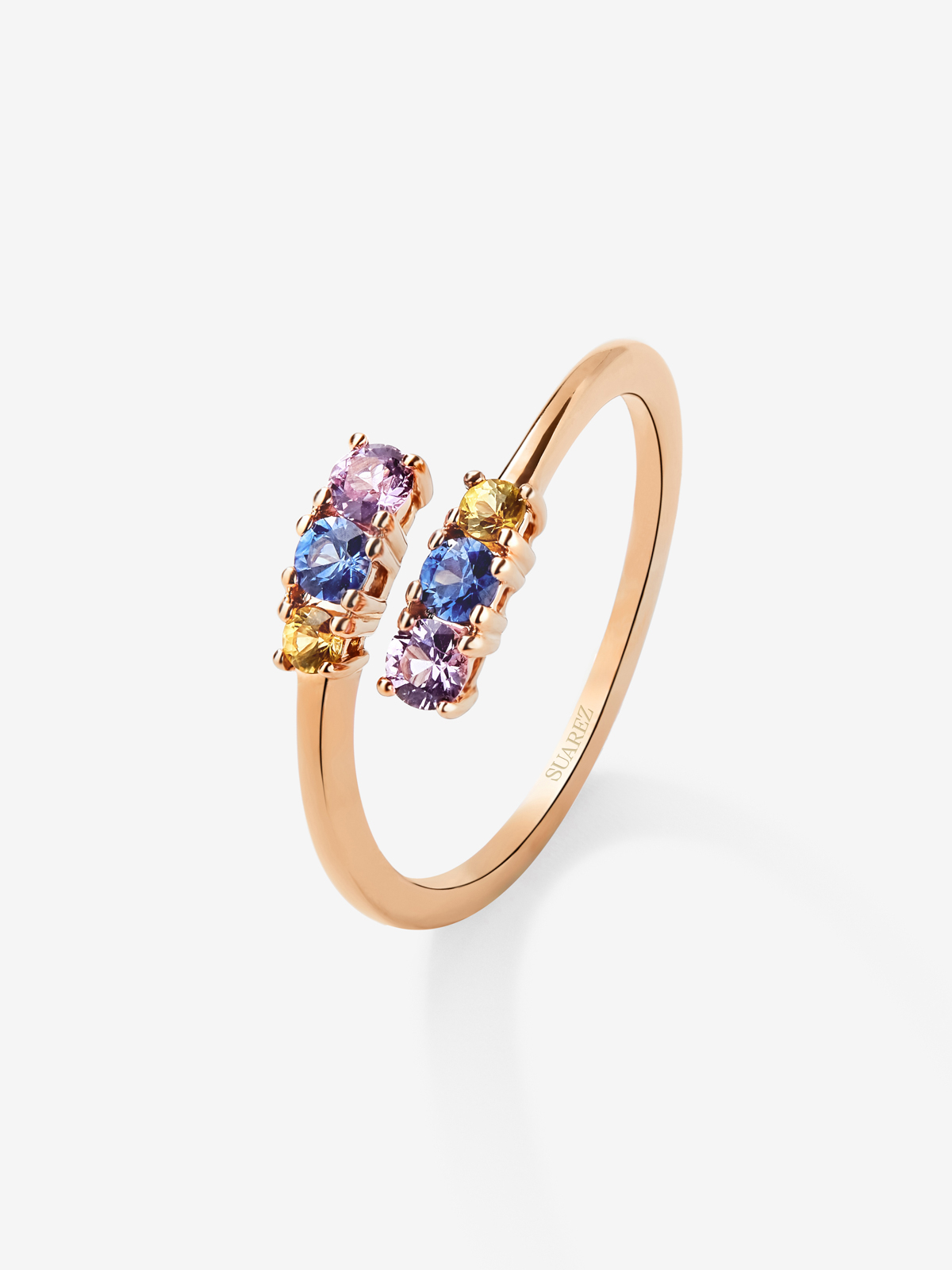Anillo abierto de oro rosa de 18K con zafiro multicolor