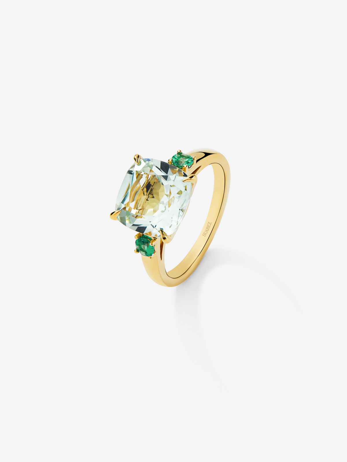 18k yellow golden ring with green amethyst in 3.95 cts and green -emeralds in bright 0.25 cts