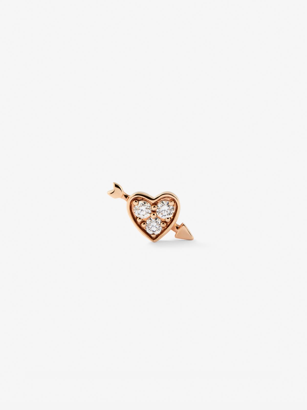 Pendiente individual de oro rosa de 18K con 3 diamantes en talla brillante con un total de 0,07 cts y forma de corazón