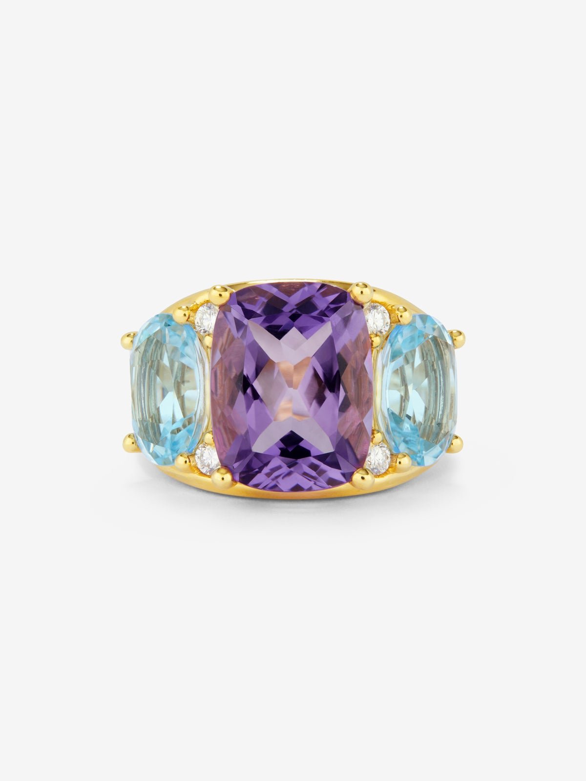 18K yellow gold ring with cushion-cut purple amethyst of 5.5 cts, 2 oval-cut sky blue topazes with a total of 4.65 cts and 4 brilliant-cut diamonds with a total of 0.15 cts