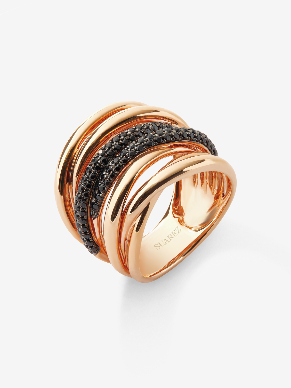 Anillo multibrazo de oro rosa de 18K con 104 espinelas negras en talla brillante con un total de 0,706 cts