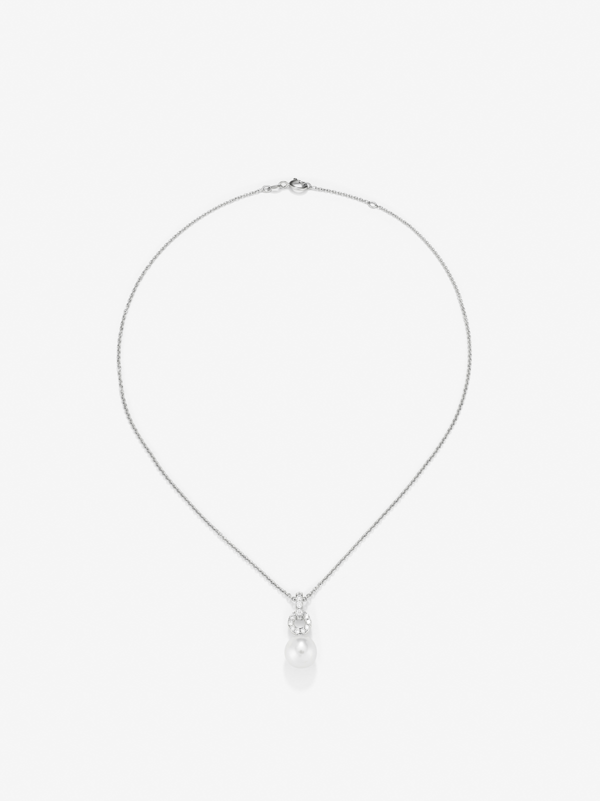 Colgante de cadena de oro blanco de 18k con aro en diamante y perla australiana de 9,5 mm