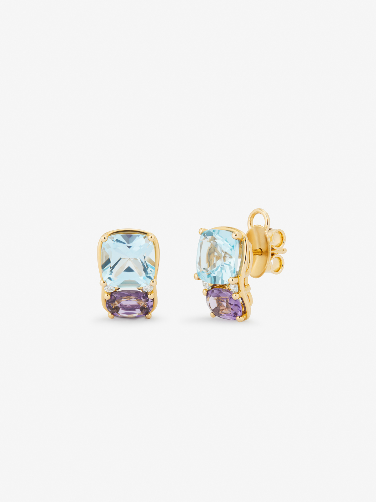 18kt yellow gold earrings with Sky Topacios and purple amethysts