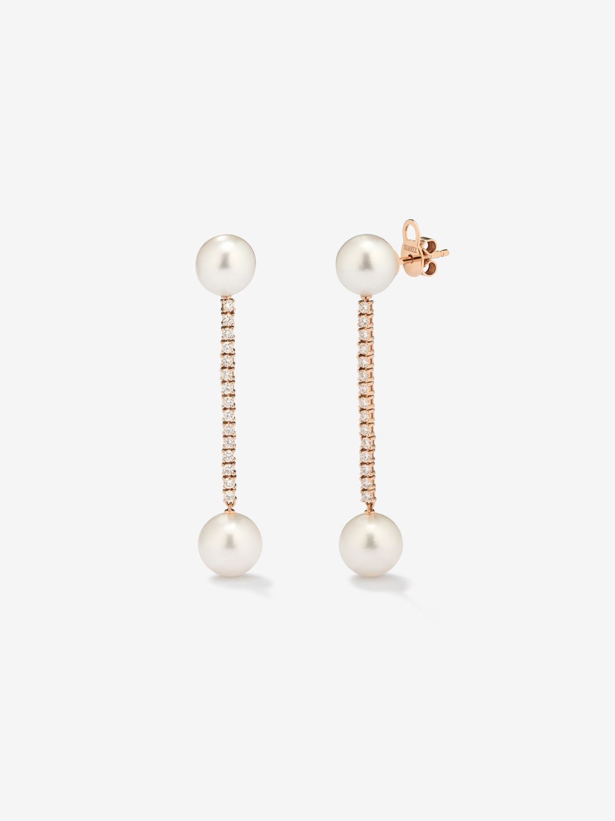 Pendientes colgante largo de oro rosa de 18K con diamante y perla