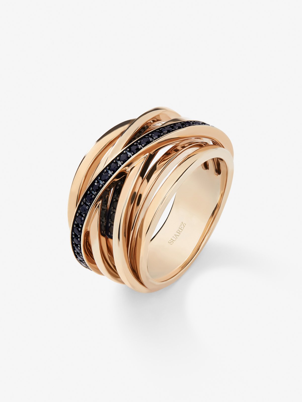Anillo ancho multibrazo de oro rosa de 18K con espinelas